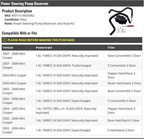 Power Steering Pump Reservoir and Hose Kit - Compatible with 2002-2008 Mini Cooper in Kuwait