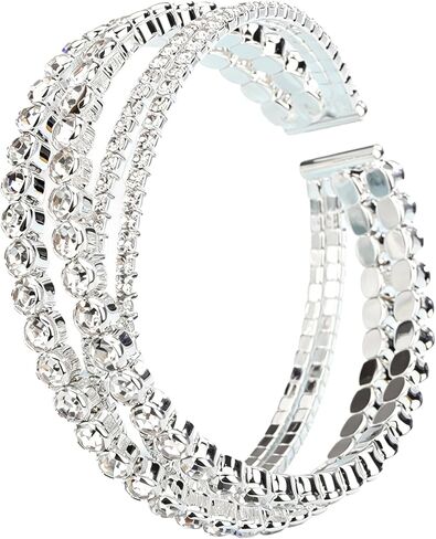 Octwine Stylish Multilayer Crystal Rhinestone Adjustable Cuff Bracelet Bling Strand Layered Bridal Bracelet Shiny Bar Party Prom Jewelry for Women and Girls(Silver) in Saudi Arabia