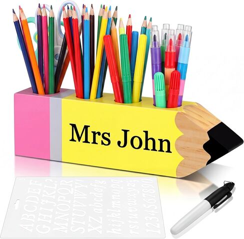 Sinmoe Teacher Appreciation Gift Apple Shape Wooden Desk Pencil Holder DIY Teacher Name Desktop Pen Organizer for End of Year Thank You Gifts School Office Home, Letter Stencil and Mark Pen Included in Saudi Arabia
