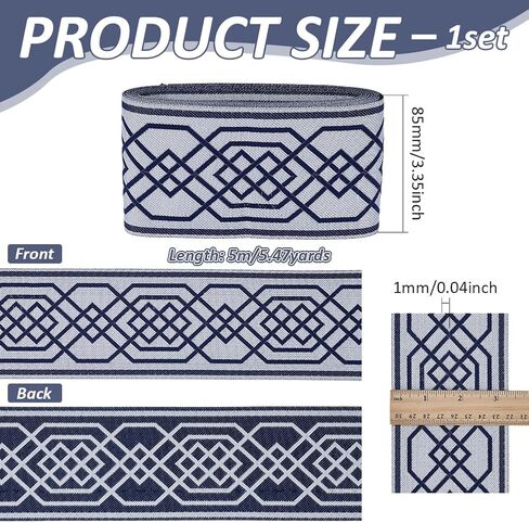 FINGERINSPIRE 5.47Yards Blue Jacquard Ribbon 3.34inch Wide Classical Rhombus Embroidered Lace Trim Woven Fabric Trim Vintage Jacquard Ribbon Fringe Floral Sewing Lace for Sewing and Crafts in Kuwait