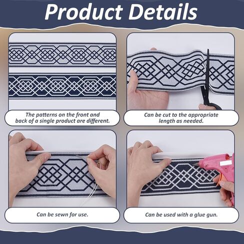 FINGERINSPIRE 5.47Yards Blue Jacquard Ribbon 3.34inch Wide Classical Rhombus Embroidered Lace Trim Woven Fabric Trim Vintage Jacquard Ribbon Fringe Floral Sewing Lace for Sewing and Crafts in Kuwait