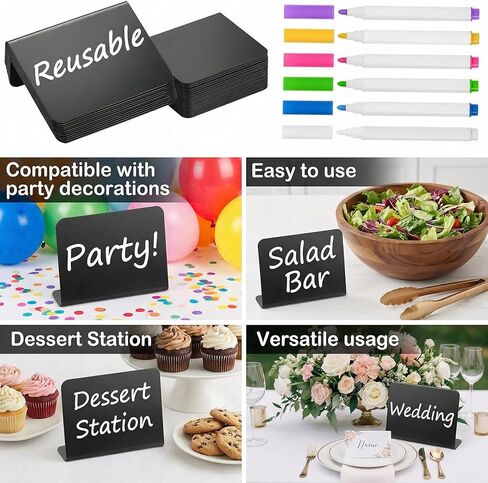 Mini Chalkboard Signs, 12 pcs 4 x 3 inch Food Labels for Party Buffet, 6 Wet Erase Markers Reusable Table Sign for Weddings Birthday Parties Event Decoration in Saudi Arabia