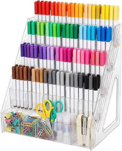 YEXEXINM 5 Tier Acrylic Desk Organizer with 25 Compartments Clear Pen Holder for Pens Pencils Markers and Art Supplies Large Capacity Desk Storage Rack for Home Classroom Office and Art Studio in Saudi Arabia