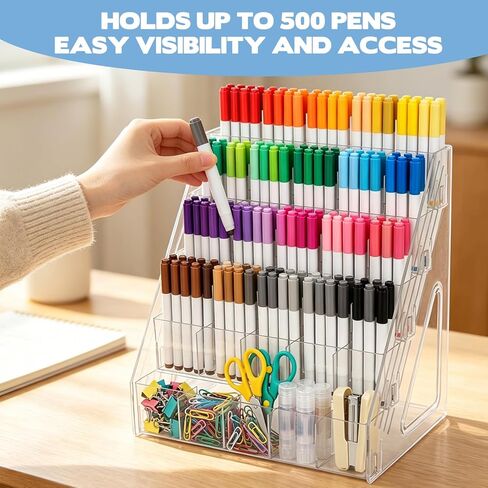 YEXEXINM 5 Tier Acrylic Desk Organizer with 25 Compartments Clear Pen Holder for Pens Pencils Markers and Art Supplies Large Capacity Desk Storage Rack for Home Classroom Office and Art Studio in Saudi Arabia