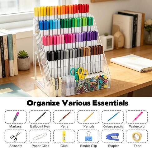 YEXEXINM 5 Tier Acrylic Desk Organizer with 25 Compartments Clear Pen Holder for Pens Pencils Markers and Art Supplies Large Capacity Desk Storage Rack for Home Classroom Office and Art Studio in Saudi Arabia