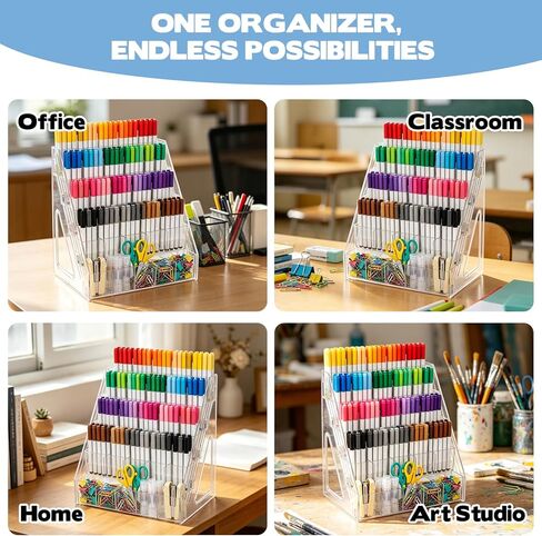YEXEXINM 5 Tier Acrylic Desk Organizer with 25 Compartments Clear Pen Holder for Pens Pencils Markers and Art Supplies Large Capacity Desk Storage Rack for Home Classroom Office and Art Studio in Saudi Arabia