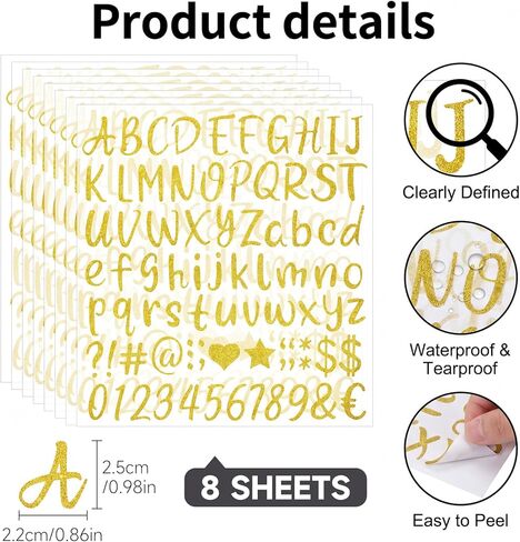 648PCS Gold Glitter Letter Stickers, Self-Adhesive Small ABC Gold Sticker Letters, Waterproof Vinyl Glitter Alphabet Number Stickers for Scrapbooking Graduation Cap Craft Sign Mug Mailboxe Décor DIY in Saudi Arabia