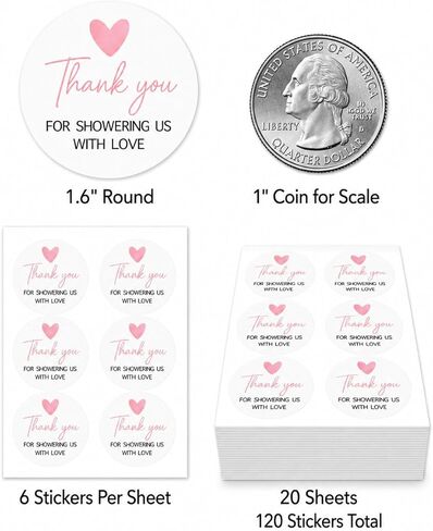 120 PCS Thank You for Showering Us with Love Stickers, 1.6" Round Thank You Baby Shower Favor Labels, Bridal Shower Party Decor in Saudi Arabia