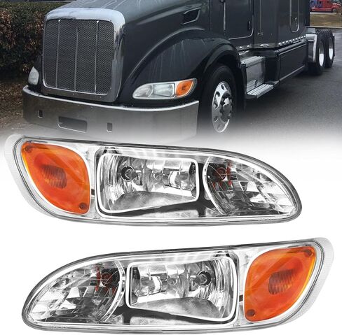 زوج مجموعة المصابيح الأمامية يناسب 2005-2016 Peterbilt 325 330 335 337 340 348 382 384 386 387 المصابيح الأمامية للسائق الأيسر والجانب الأيمن للراكب من الكروم ومبيت هالوجين للمصابيح الأمامية PB2503100 PB2502100 in Kuwait