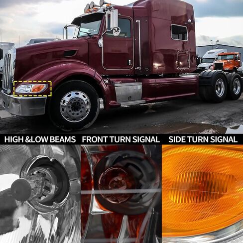 زوج مجموعة المصابيح الأمامية يناسب 2005-2016 Peterbilt 325 330 335 337 340 348 382 384 386 387 المصابيح الأمامية للسائق الأيسر والجانب الأيمن للراكب من الكروم ومبيت هالوجين للمصابيح الأمامية PB2503100 PB2502100 in Kuwait