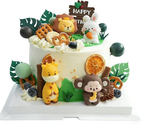 27pcs Safari Animal Cake Topper - Jungle Wild One Birthday Decorations with Reusable Silicone Monkey, Lion, Giraffe, Rabbit, Grass, Leaves, Happy Birthday Sign, Decorative Balls, Hanging Swirls in Saudi Arabia