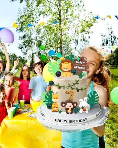 27pcs Safari Animal Cake Topper - Jungle Wild One Birthday Decorations with Reusable Silicone Monkey, Lion, Giraffe, Rabbit, Grass, Leaves, Happy Birthday Sign, Decorative Balls, Hanging Swirls in Saudi Arabia