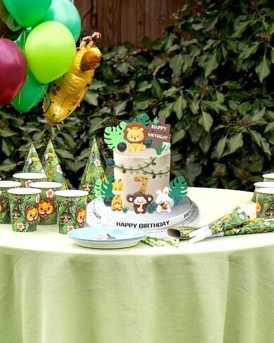 27pcs Safari Animal Cake Topper - Jungle Wild One Birthday Decorations with Reusable Silicone Monkey, Lion, Giraffe, Rabbit, Grass, Leaves, Happy Birthday Sign, Decorative Balls, Hanging Swirls in Saudi Arabia