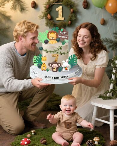 27pcs Safari Animal Cake Topper - Jungle Wild One Birthday Decorations with Reusable Silicone Monkey, Lion, Giraffe, Rabbit, Grass, Leaves, Happy Birthday Sign, Decorative Balls, Hanging Swirls in Saudi Arabia