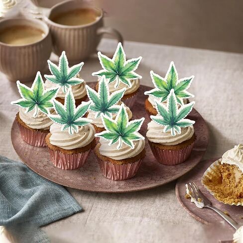 Rsstarxi 60 Pack Green Marijuana Leaves Edible Cupcake Toppers Rice Paper Pot Leaf Weed Leaves Cupcake Picks for Marijuana Have a Dope Birthday Anniversary Party Cake Decorations Supplies in Kuwait