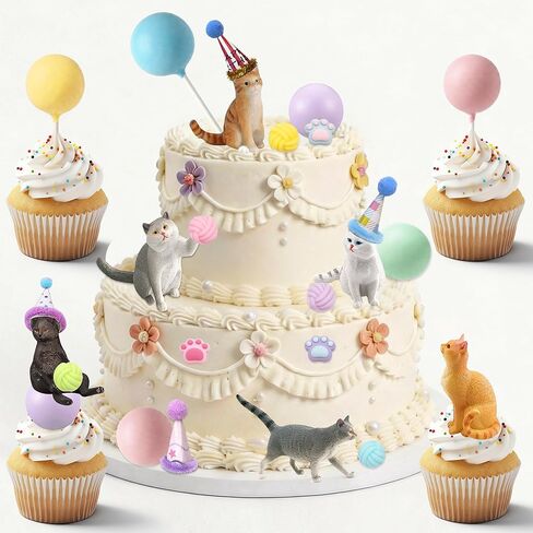 28Pcs Cat Cake Decorations, Cat Cake Toppers with Mini Hats, Animal Figure for Cat Themed Birthday Party, Pet Cake Supplies for Cat Lovers in Kuwait