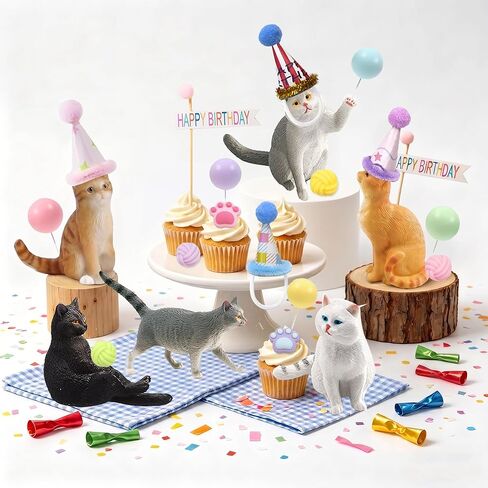 28Pcs Cat Cake Decorations, Cat Cake Toppers with Mini Hats, Animal Figure for Cat Themed Birthday Party, Pet Cake Supplies for Cat Lovers in Kuwait