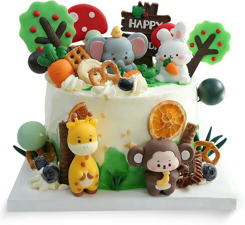 27pcs Safari Animal Cake Topper - Jungle Wild One Birthday Decorations with Reusable Silicone Monkey, Lion, Giraffe, Rabbit, Grass, Leaves, Happy Birthday Sign, Decorative Balls, Hanging Swirls in Saudi Arabia