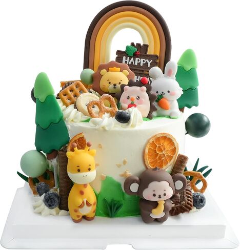 27pcs Safari Animal Cake Topper - Jungle Wild One Birthday Decorations with Reusable Silicone Monkey, Lion, Giraffe, Rabbit, Grass, Leaves, Happy Birthday Sign, Decorative Balls, Hanging Swirls in Saudi Arabia