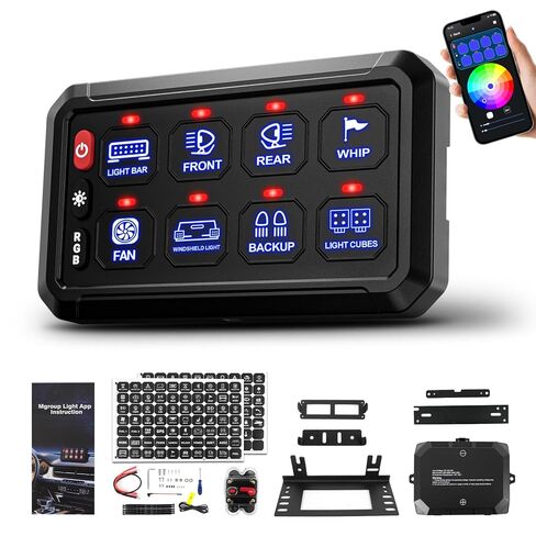 SUPAREE 8 عصابة بلوتوث RGB لوحة التبديل، تبديل لحظة فلاش ستروب وظيفة الذاكرة لوحة التبديل المساعدة، مقاوم للماء نظام التحكم في الدائرة التتابع صندوق عالمي لشاحنة ATV SUV UTV قارب in Kuwait