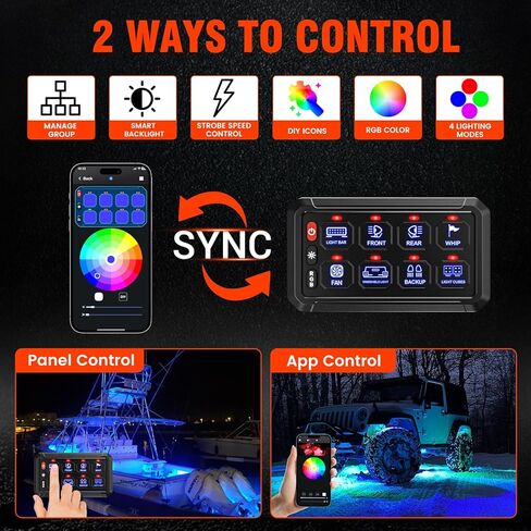 SUPAREE 8 عصابة بلوتوث RGB لوحة التبديل، تبديل لحظة فلاش ستروب وظيفة الذاكرة لوحة التبديل المساعدة، مقاوم للماء نظام التحكم في الدائرة التتابع صندوق عالمي لشاحنة ATV SUV UTV قارب in Kuwait