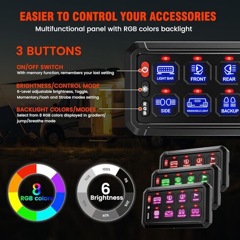 SUPAREE 8 عصابة بلوتوث RGB لوحة التبديل، تبديل لحظة فلاش ستروب وظيفة الذاكرة لوحة التبديل المساعدة، مقاوم للماء نظام التحكم في الدائرة التتابع صندوق عالمي لشاحنة ATV SUV UTV قارب in Kuwait