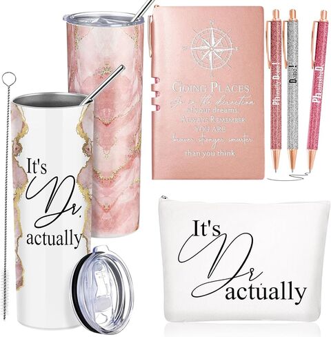 Domensi 6 Pcs It's Dr Actually Gifts for Phd Doctorate Degree Physician 20oz Marble Tumbler Makeup Bag Journal Pen Womens History Month Gift White Coat Ceremony Gifts for Nurse Teacher Doctor, Pink in Kuwait