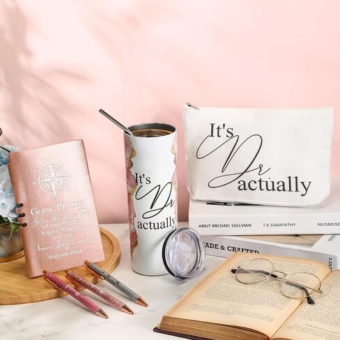 Domensi 6 Pcs It's Dr Actually Gifts for Phd Doctorate Degree Physician 20oz Marble Tumbler Makeup Bag Journal Pen Womens History Month Gift White Coat Ceremony Gifts for Nurse Teacher Doctor, Pink in Kuwait