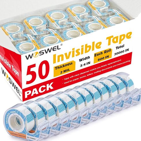 WOSWEL Tape Refills with Dispenser, 50 Roll Invisible Tapes, 3/4 Inch X 600 in,Gift Wrapping Tapes Supplier for Home School Office Use in Kuwait