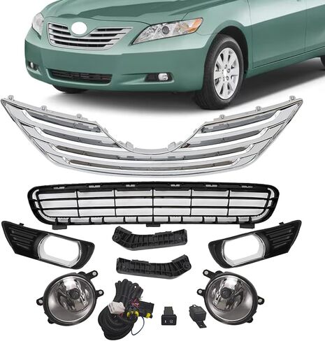 JX RACING Front Bumper Upper/Lower Grille Fog Lights Bezels & Bracket Set 8pcs Compatible with Toyota Camry 2007 2008 2009 in Saudi Arabia