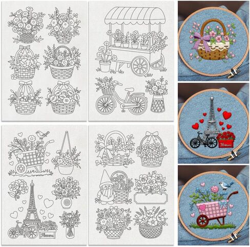 21Pcs Floral Baskets Water Soluble Hand Sewing Stabilizers, 8.3"x11.7" Basket of Flowers Embroidery Pattern Stabilizer, 4 Sheets Wildflower Stick and Stitch Embroidery Paper Sticker in Kuwait