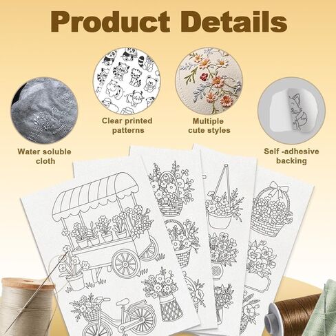 21Pcs Floral Baskets Water Soluble Hand Sewing Stabilizers, 8.3"x11.7" Basket of Flowers Embroidery Pattern Stabilizer, 4 Sheets Wildflower Stick and Stitch Embroidery Paper Sticker in Kuwait