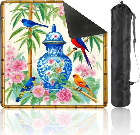 Chinoiserie Mahjong Mat for Table with Carrying Bag 31.5" x 31.5" Blue Red Birds Floral Vase Bamboo Botanical Art Style Non-Slip Noise-Reducing Game Mat Mahjong Accessories for Poker Board Games in Saudi Arabia
