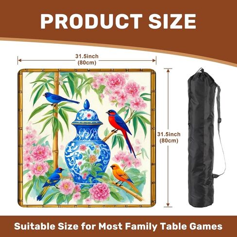 Chinoiserie Mahjong Mat for Table with Carrying Bag 31.5" x 31.5" Blue Red Birds Floral Vase Bamboo Botanical Art Style Non-Slip Noise-Reducing Game Mat Mahjong Accessories for Poker Board Games in Saudi Arabia