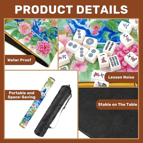 Chinoiserie Mahjong Mat for Table with Carrying Bag 31.5" x 31.5" Blue Red Birds Floral Vase Bamboo Botanical Art Style Non-Slip Noise-Reducing Game Mat Mahjong Accessories for Poker Board Games in Saudi Arabia