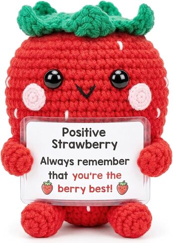 Positive Strawberry Crochet Gifts for Women, Handmade Cute Crochet Strawberry Plush with Card, Emotional Support Fruit Present for Men Friends Coworkers Cheer Up Birthday Christmas Decor in Kuwait