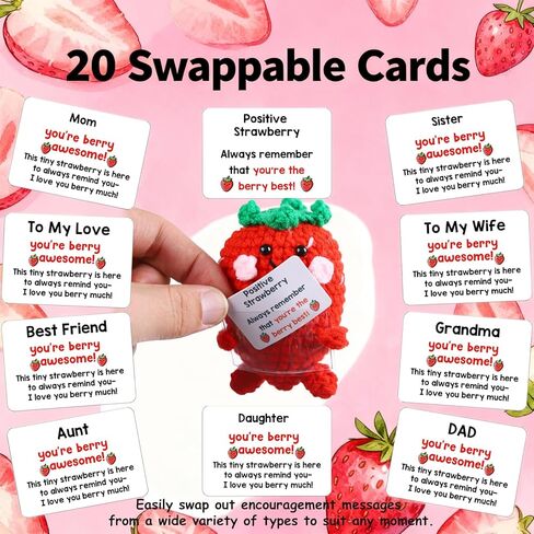 Positive Strawberry Crochet Gifts for Women, Handmade Cute Crochet Strawberry Plush with Card, Emotional Support Fruit Present for Men Friends Coworkers Cheer Up Birthday Christmas Decor in Kuwait