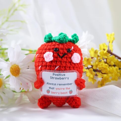 Positive Strawberry Crochet Gifts for Women, Handmade Cute Crochet Strawberry Plush with Card, Emotional Support Fruit Present for Men Friends Coworkers Cheer Up Birthday Christmas Decor in Kuwait