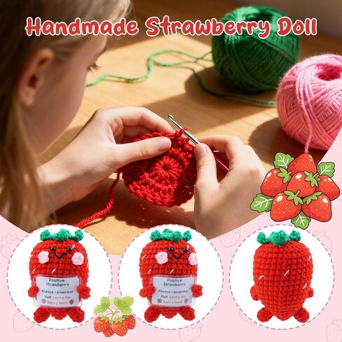 Positive Strawberry Crochet Gifts for Women, Handmade Cute Crochet Strawberry Plush with Card, Emotional Support Fruit Present for Men Friends Coworkers Cheer Up Birthday Christmas Decor in Kuwait