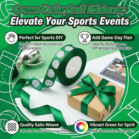 Volleyball Ribbon 5/8-Inch x 10-Yard, Sports Satin Ribbon for Hair Bows Making, Team Spirit Crafting, Gift Wrapping, DIY Party Favors & Accessories (Green) in Kuwait
