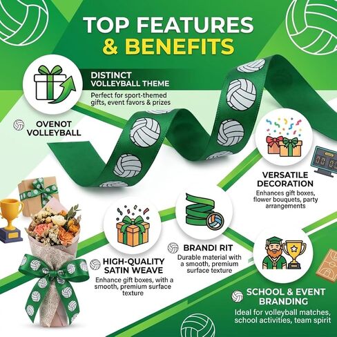 Volleyball Ribbon 5/8-Inch x 10-Yard, Sports Satin Ribbon for Hair Bows Making, Team Spirit Crafting, Gift Wrapping, DIY Party Favors & Accessories (Green) in Kuwait
