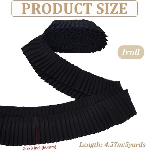 FINGERINSPIRE 5 Yards Black Pleated Chiffon Ribbon 2-3/8 inch Wide Polyester Pleated Elastic Lace Ribbon Wave Edge Ruffled Lace Trims for Dress Gown Doll Decoration Clothes Accessories DIY Craft in Kuwait