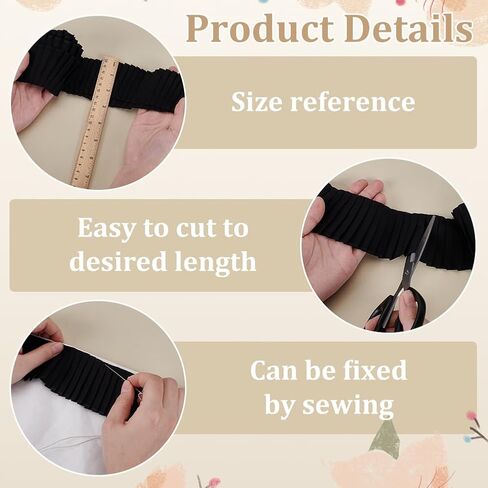 FINGERINSPIRE 5 Yards Black Pleated Chiffon Ribbon 2-3/8 inch Wide Polyester Pleated Elastic Lace Ribbon Wave Edge Ruffled Lace Trims for Dress Gown Doll Decoration Clothes Accessories DIY Craft in Kuwait