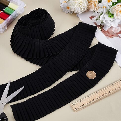 FINGERINSPIRE 5 Yards Black Pleated Chiffon Ribbon 2-3/8 inch Wide Polyester Pleated Elastic Lace Ribbon Wave Edge Ruffled Lace Trims for Dress Gown Doll Decoration Clothes Accessories DIY Craft in Kuwait
