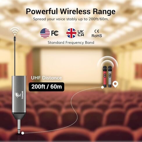 TONOR Wireless Microphones, 60 m/200ft UHF Dual Cordless Metal Dynamic Mic System with Receiver, Microfonos Inalambricos Professional for Karaoke Singing, Wedding, Party, Speech, Church, TW630 Silver in Saudi Arabia