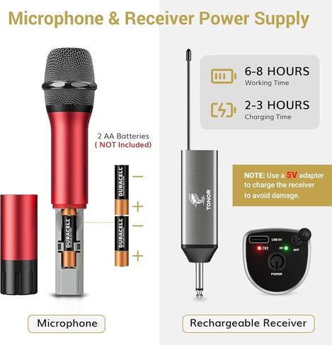 TONOR Wireless Microphones, 60 m/200ft UHF Dual Cordless Metal Dynamic Mic System with Receiver, Microfonos Inalambricos Professional for Karaoke Singing, Wedding, Party, Speech, Church, TW630 Silver in Saudi Arabia
