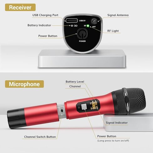 TONOR Wireless Microphones, 60 m/200ft UHF Dual Cordless Metal Dynamic Mic System with Receiver, Microfonos Inalambricos Professional for Karaoke Singing, Wedding, Party, Speech, Church, TW630 Silver in Saudi Arabia