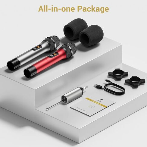 TONOR Wireless Microphones, 60 m/200ft UHF Dual Cordless Metal Dynamic Mic System with Receiver, Microfonos Inalambricos Professional for Karaoke Singing, Wedding, Party, Speech, Church, TW630 Silver in Saudi Arabia
