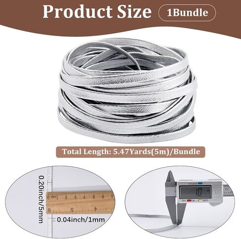 GORGECRAFT 5.47 Yards Double Fold Leather Strip Metallic Silver Leatherette Straps Lambskin Flat Leather Cord 5mm Wide PU Edge Trimming 1mm Thick Braiding Thread for DIY Crafts Bracelet Keychain in Kuwait