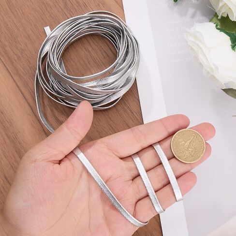 GORGECRAFT 5.47 Yards Double Fold Leather Strip Metallic Silver Leatherette Straps Lambskin Flat Leather Cord 5mm Wide PU Edge Trimming 1mm Thick Braiding Thread for DIY Crafts Bracelet Keychain in Kuwait